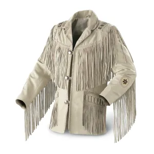 Western Fringe Beaded Beige Leather Jacket for Men MWJ301