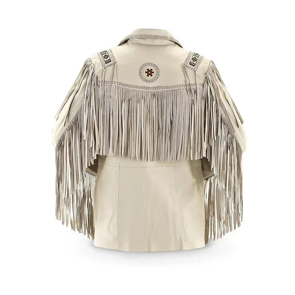 Western Fringe Beaded Beige Leather Jacket for Men MWJ301