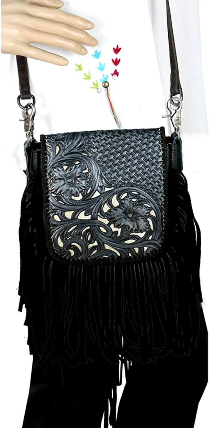 Western Genuine Leather Floral Tooled Fringe Womens Crossbody Bag 3 Color