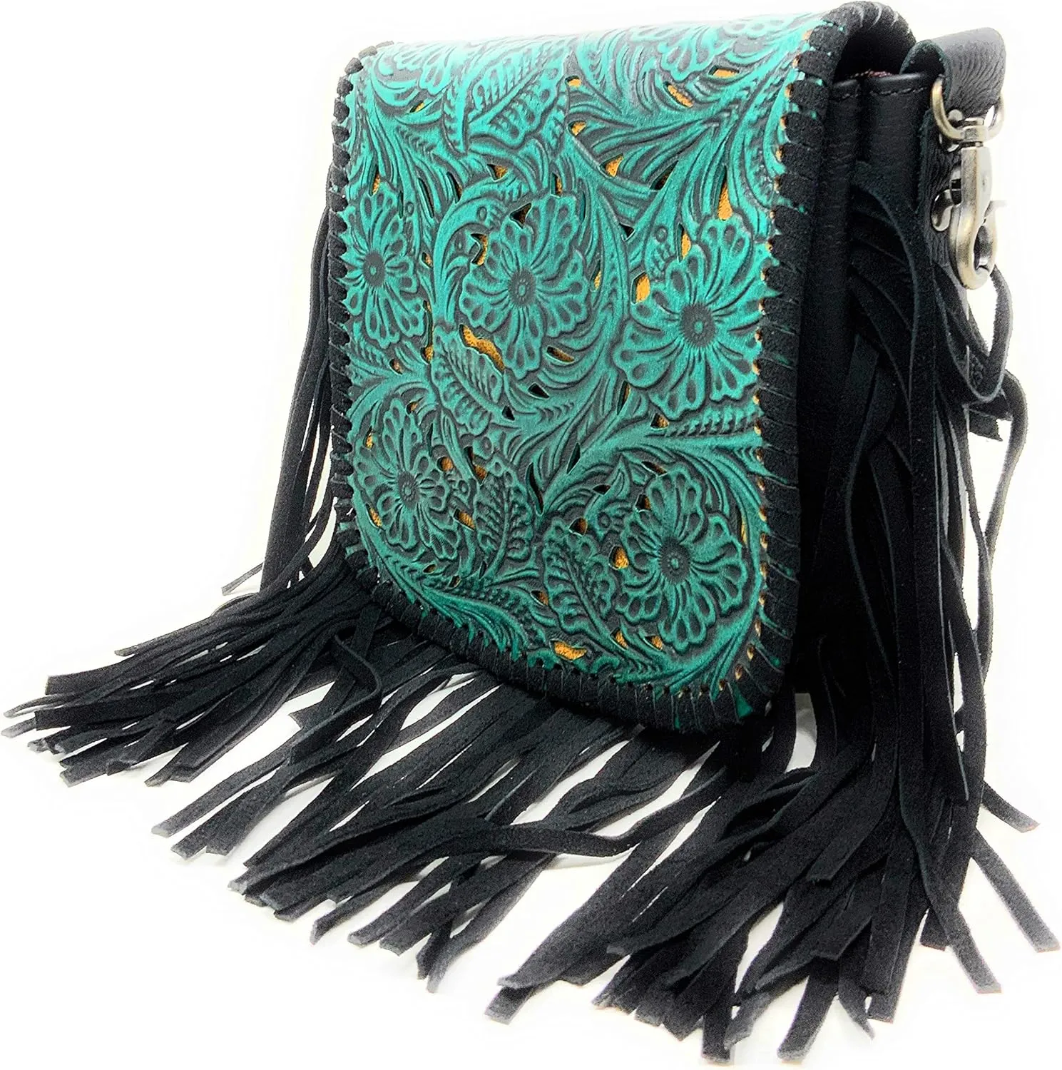 Western Genuine Leather Floral Tooled Fringe Womens Crossbody Bag 3 Color