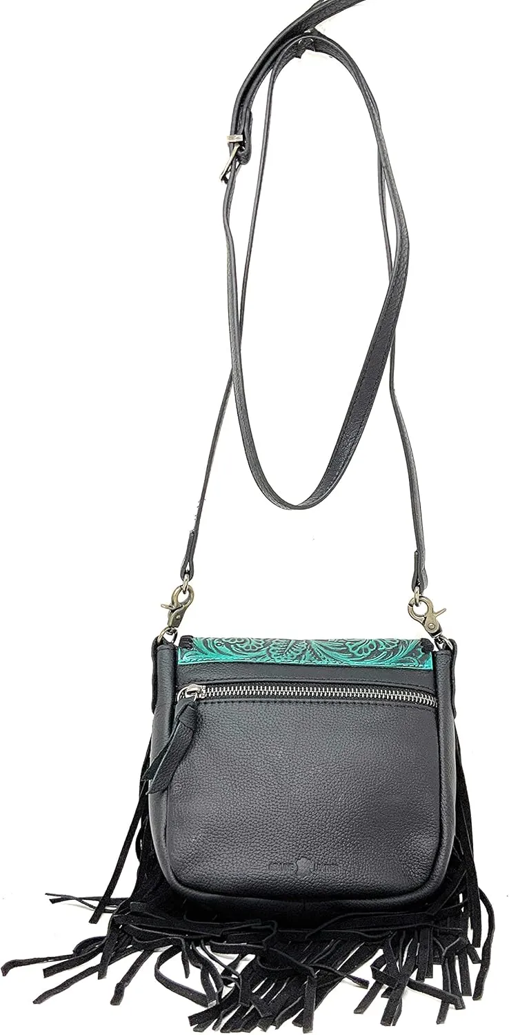 Western Genuine Leather Floral Tooled Fringe Womens Crossbody Bag 3 Color