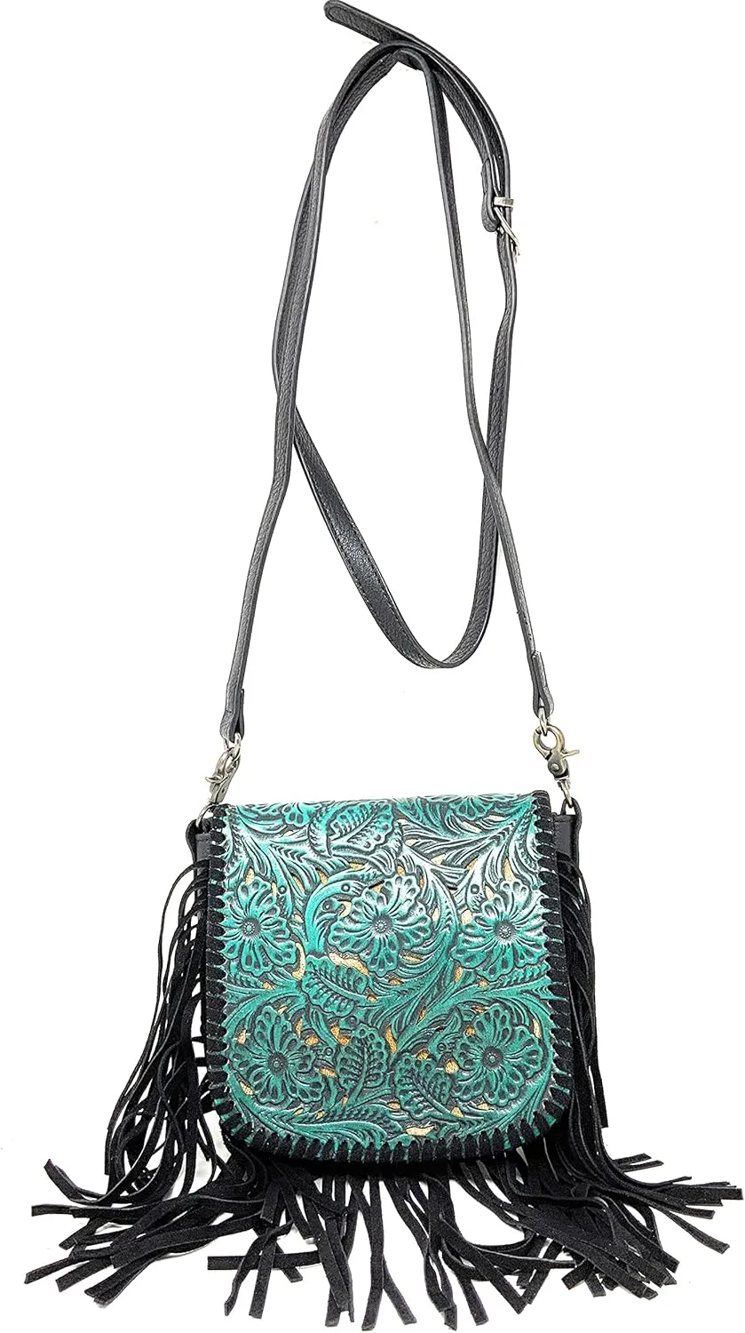 Western Genuine Leather Floral Tooled Fringe Womens Crossbody Bag 3 Color