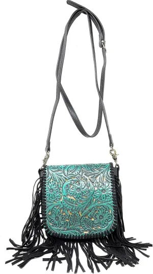 Western Genuine Leather Floral Tooled Fringe Womens Crossbody Bag 3 Color