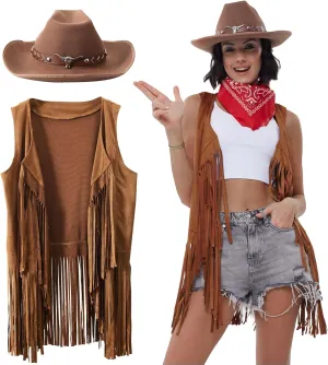Western Outfits for Women Cowgirl Tassel Sleeveless Vest Cowboy Hat and Paisley Bandana