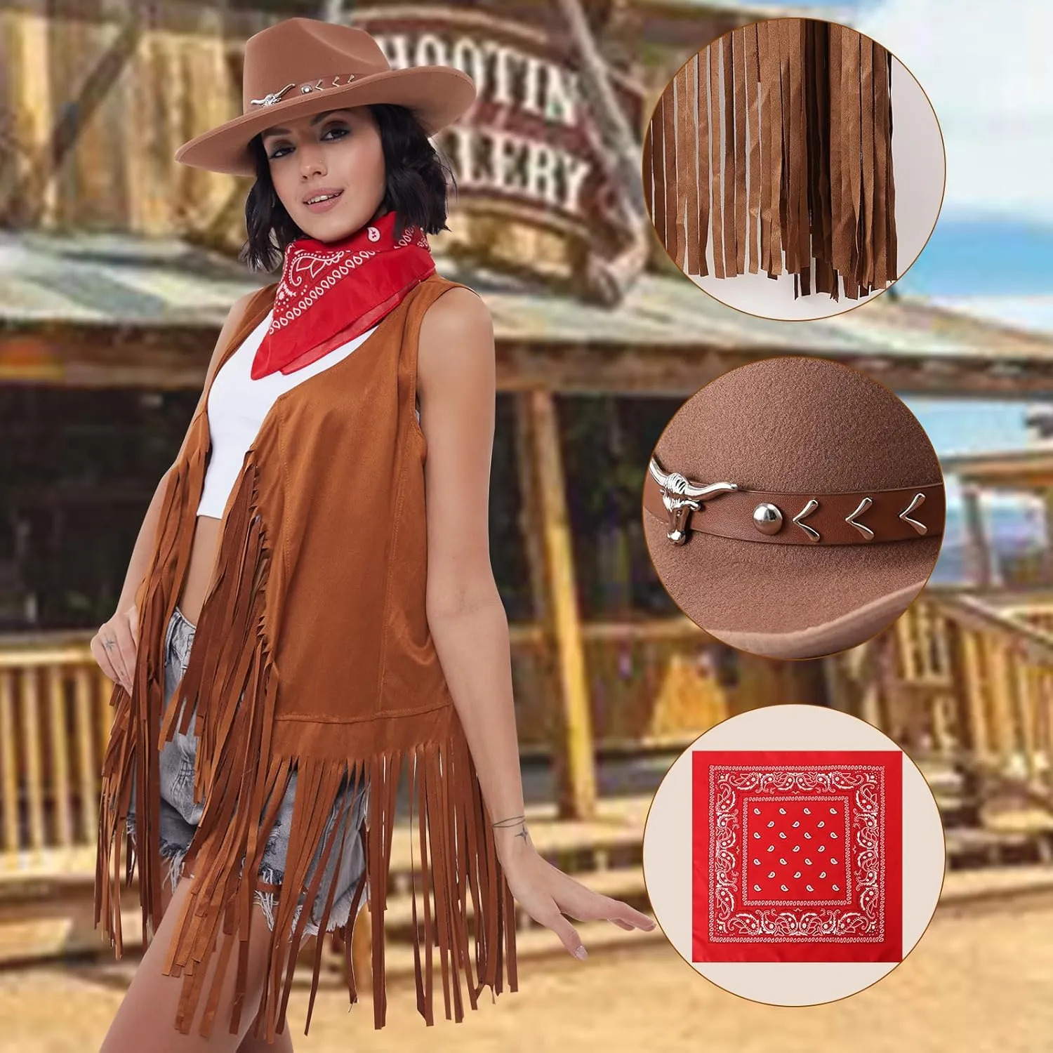 Western Outfits for Women Cowgirl Tassel Sleeveless Vest Cowboy Hat and Paisley Bandana
