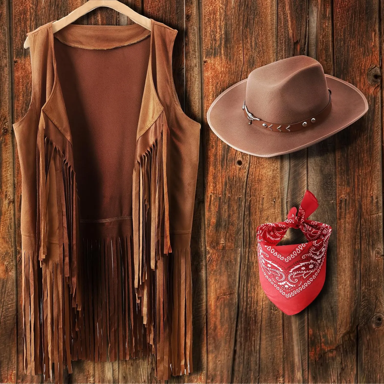 Western Outfits for Women Cowgirl Tassel Sleeveless Vest Cowboy Hat and Paisley Bandana