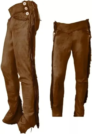 Western Suede Buckskin Genuine Leather Pants Men Native American Fringe Cowboy Pants Reenactment Mountain Trouser