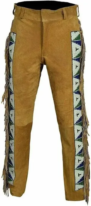 Western Suede Genuine Leather Pant Men Native American Buckskin Fringe Cowboy Pants Reenactment Mountain Trouser