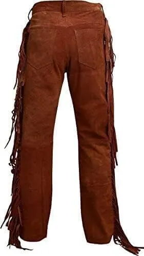 Western Suede Leather Pants with Fringe, Native American Style, Buckskin Color, Button Front