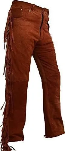 Western Suede Leather Pants with Fringe, Native American Style, Buckskin Color, Button Front