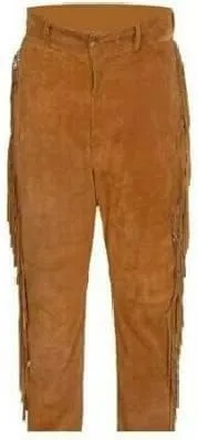 Western Suede Leather Pants with Fringe, Native American Style, Buckskin Color, Button Front