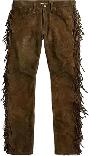 Western Suede Leather Pants with Fringe, Native American Style, Buckskin Color, Button Front