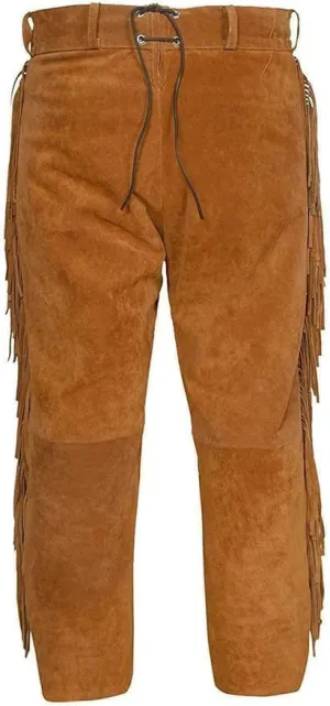 Western Suede Leather Pants with Fringe, Native American Style, Buckskin Color, Button Front