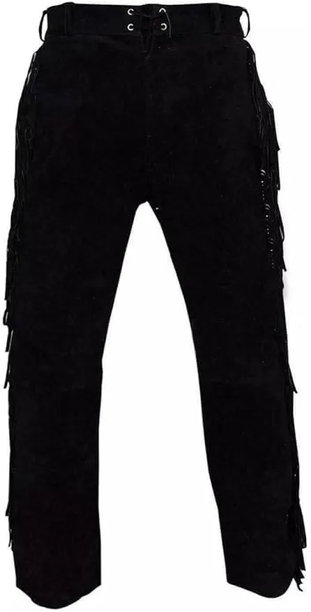 Western Suede Leather Pants with Fringe, Native American Style, Buckskin Color, Button Front