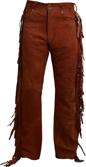 Western Suede Leather Pants with Fringe, Native American Style, Buckskin Color, Button Front