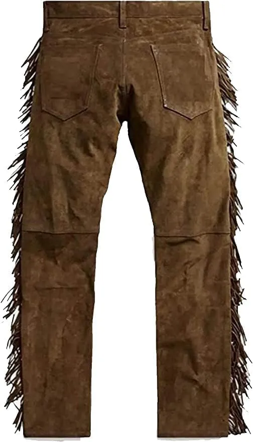 Western Suede Leather Pants with Fringe, Native American Style, Buckskin Color, Button Front