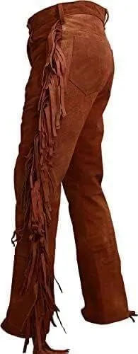 Western Suede Leather Pants with Fringe, Native American Style, Buckskin Color, Button Front