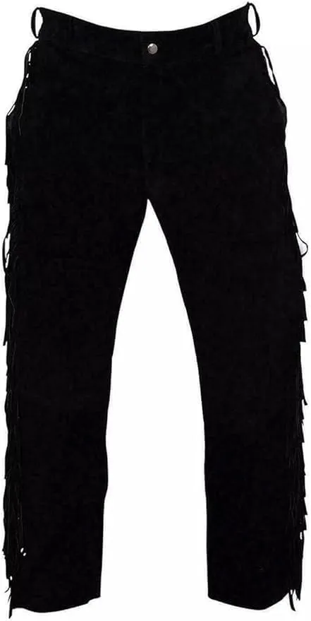 Western Suede Leather Pants with Fringe, Native American Style, Buckskin Color, Button Front