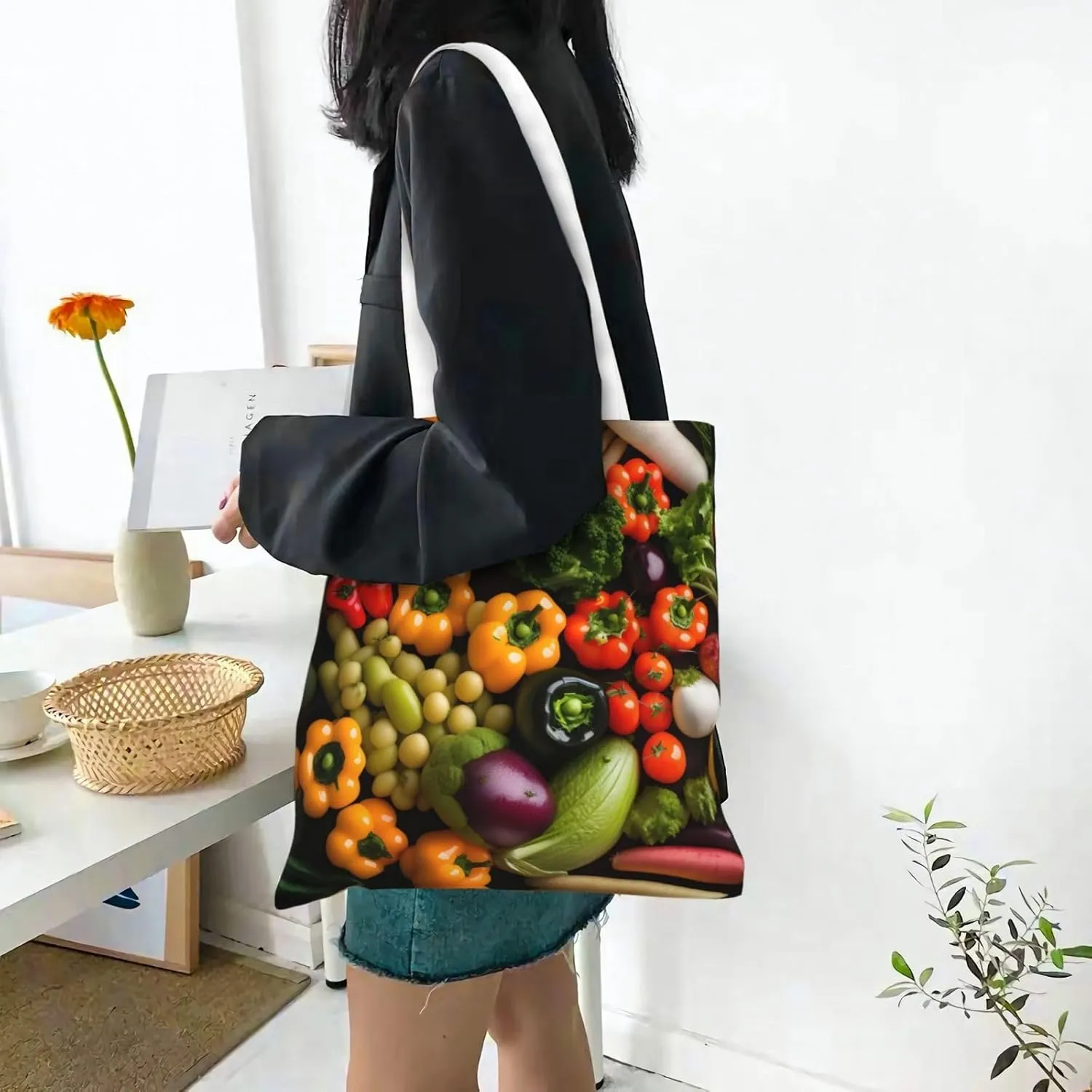 White Blue Daisy Canvas Tote Bags For Women Handbag Tote Purse,Canvas Crossbody Bag For Office, Travel, School
