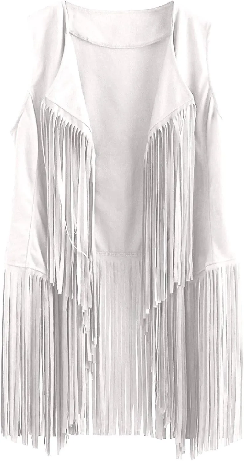White Fringe Top, Vintage Western Plus Size Fringe Vest, 70s Style Classic Suede Leather Sleeveless Cardigan