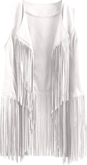White Fringe Top, Vintage Western Plus Size Fringe Vest, 70s Style Classic Suede Leather Sleeveless Cardigan