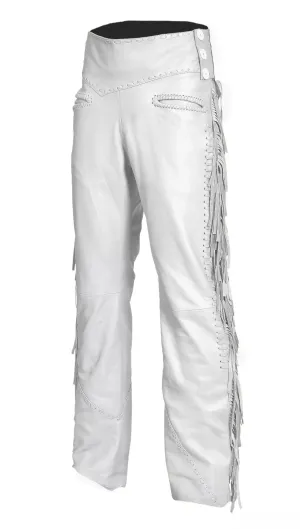 White Leather Fringe Pants For Men Leather Western Pant MFP1133