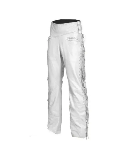White Leather Fringe Pants For Men Leather Western Pant MFP1133