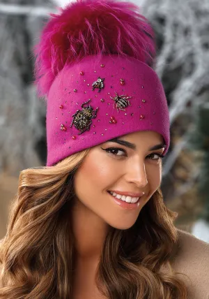 Willi Kami Handmade Embellished Pom Pom Hat, Pink