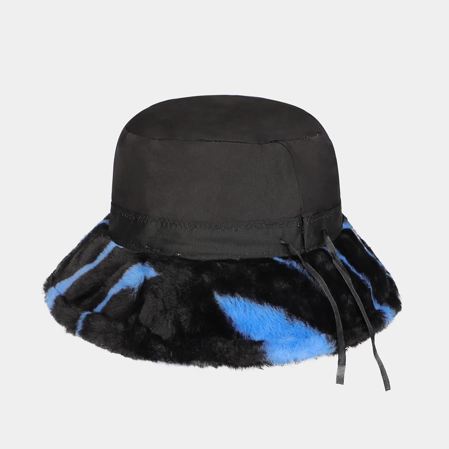 Winter Warm Furry Bucket Hat Zebra Print Faux Fur Hat Plush Fisherman Cap Blue