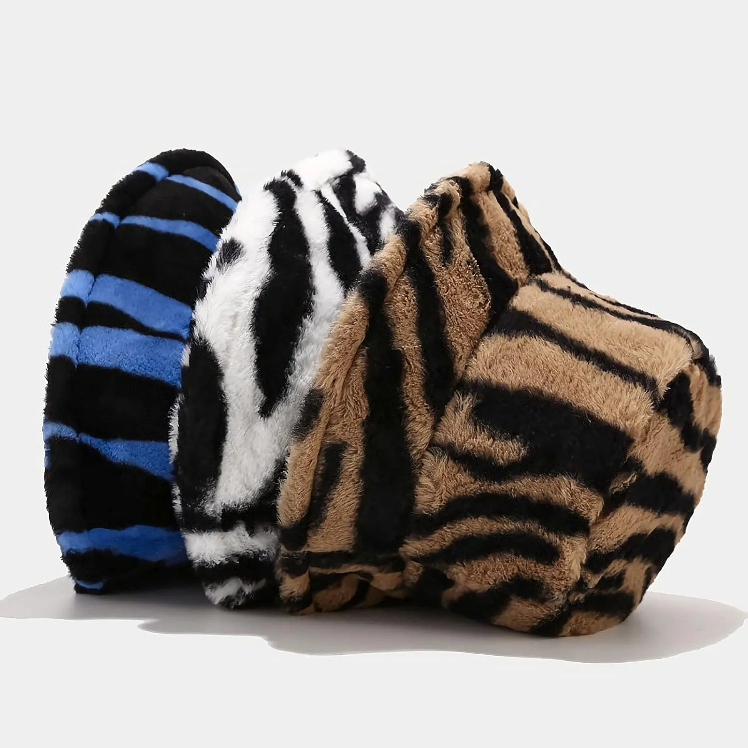 Winter Warm Furry Bucket Hat Zebra Print Faux Fur Hat Plush Fisherman Cap Blue