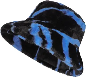Winter Warm Furry Bucket Hat Zebra Print Faux Fur Hat Plush Fisherman Cap Blue