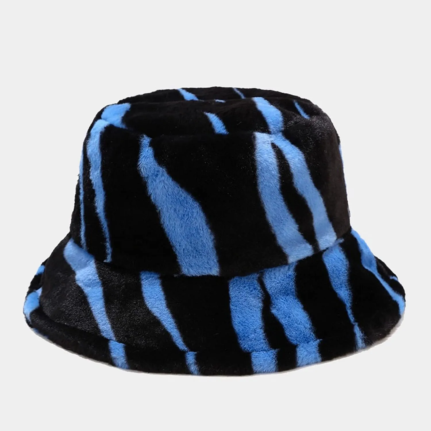 Winter Warm Furry Bucket Hat Zebra Print Faux Fur Hat Plush Fisherman Cap Blue