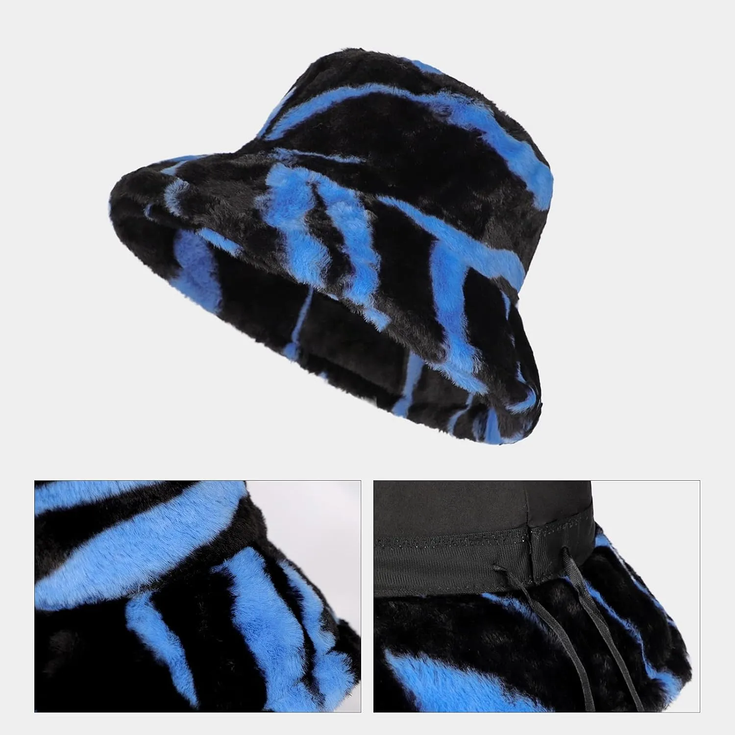 Winter Warm Furry Bucket Hat Zebra Print Faux Fur Hat Plush Fisherman Cap Blue