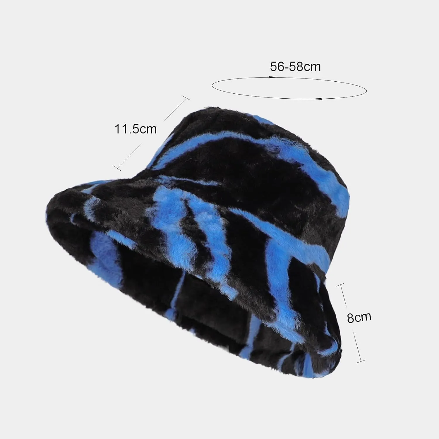 Winter Warm Furry Bucket Hat Zebra Print Faux Fur Hat Plush Fisherman Cap Blue
