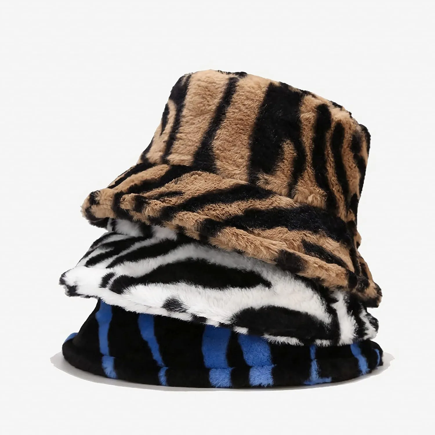 Winter Warm Furry Bucket Hat Zebra Print Faux Fur Hat Plush Fisherman Cap Blue