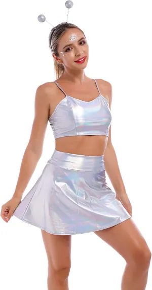 Women Alien Costume Metallic Crop Top Shirt   Holographic Mini Skirt   Martian Headband Rave Outfits Halloween Cosplay