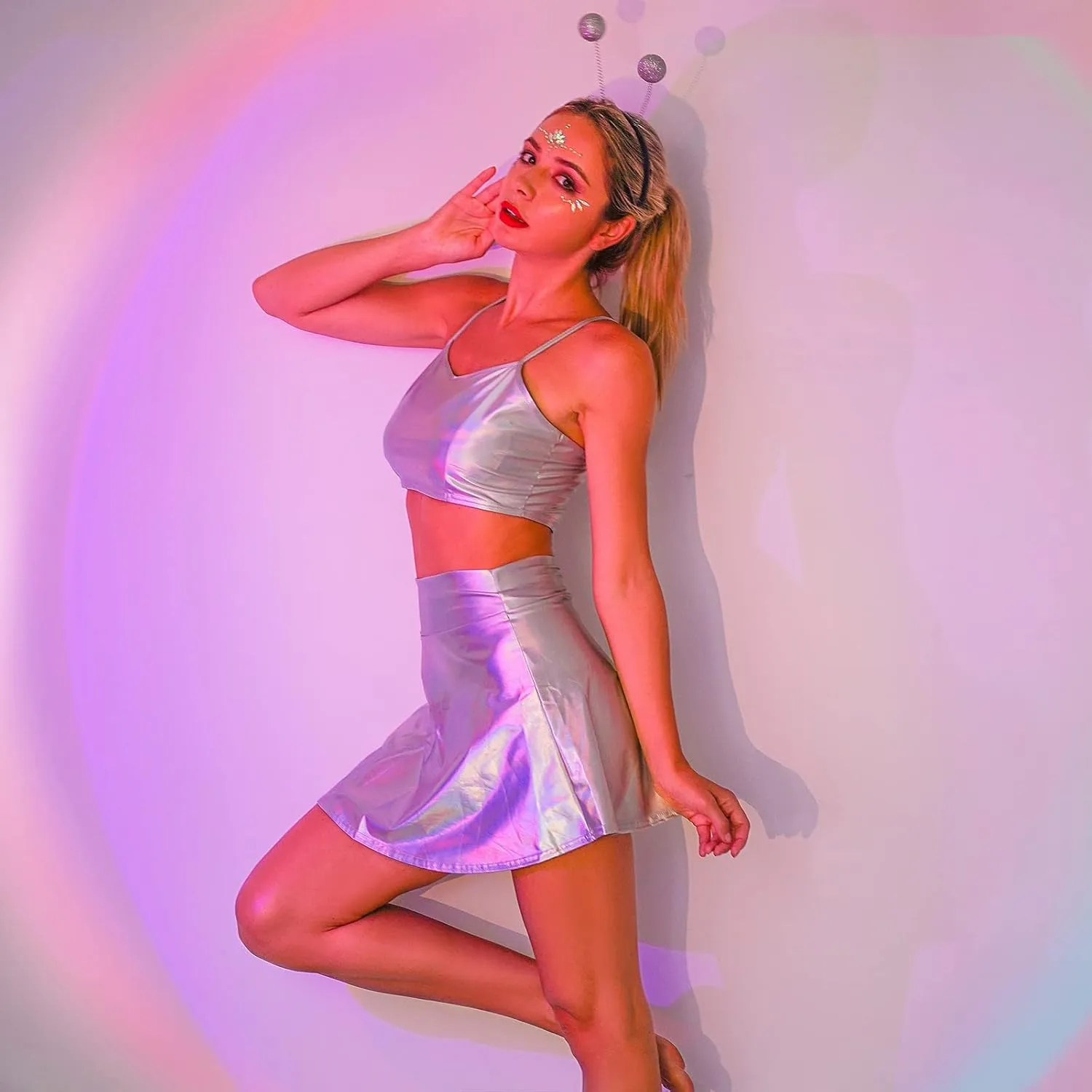 Women Alien Costume Metallic Crop Top Shirt   Holographic Mini Skirt   Martian Headband Rave Outfits Halloween Cosplay