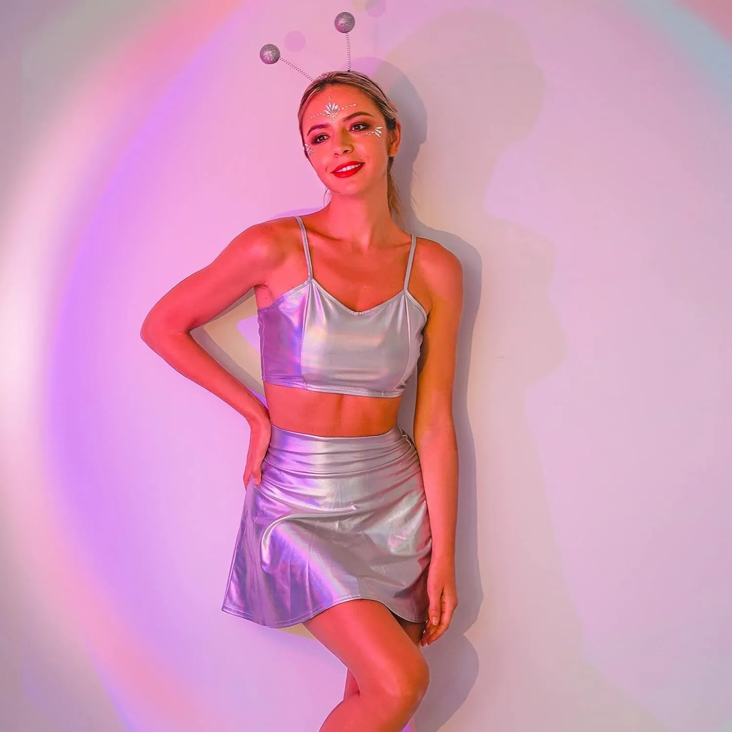 Women Alien Costume Metallic Crop Top Shirt   Holographic Mini Skirt   Martian Headband Rave Outfits Halloween Cosplay