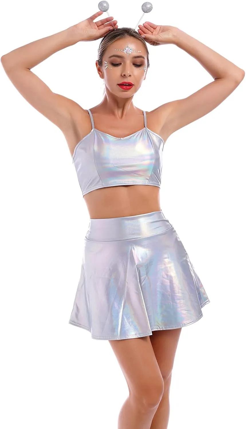 Women Alien Costume Metallic Crop Top Shirt   Holographic Mini Skirt   Martian Headband Rave Outfits Halloween Cosplay