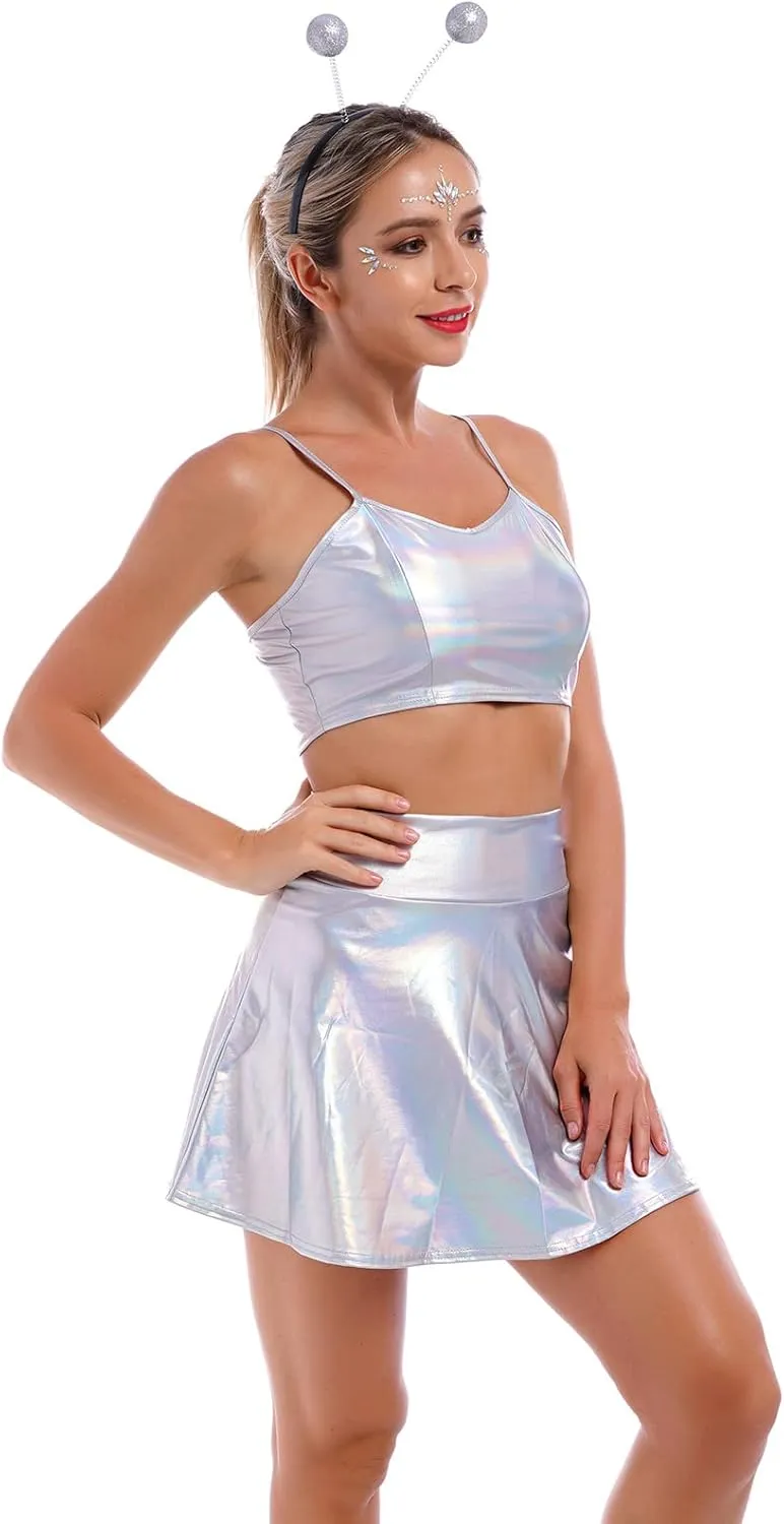 Women Alien Costume Metallic Crop Top Shirt   Holographic Mini Skirt   Martian Headband Rave Outfits Halloween Cosplay