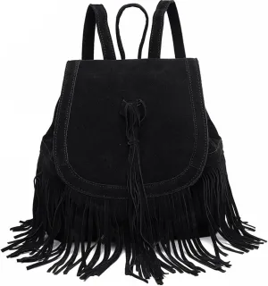 Women Backpack Purse Suede Fringed Tassel Shoulder Bag Fashion PU Leather Travel Bag Drawstring Daypacks