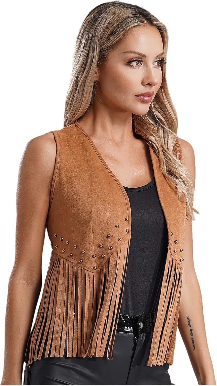 Women Cowgirl Tassel Vest Fringe Vest 70s Hippie Rivets Faux Suede Sleeveless Vest Jacket