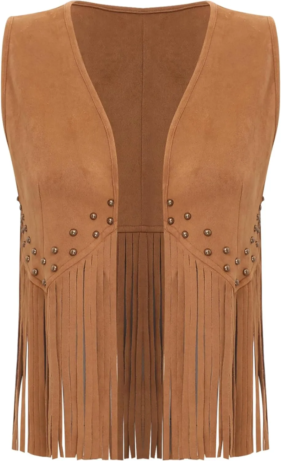 Women Cowgirl Tassel Vest Fringe Vest 70s Hippie Rivets Faux Suede Sleeveless Vest Jacket