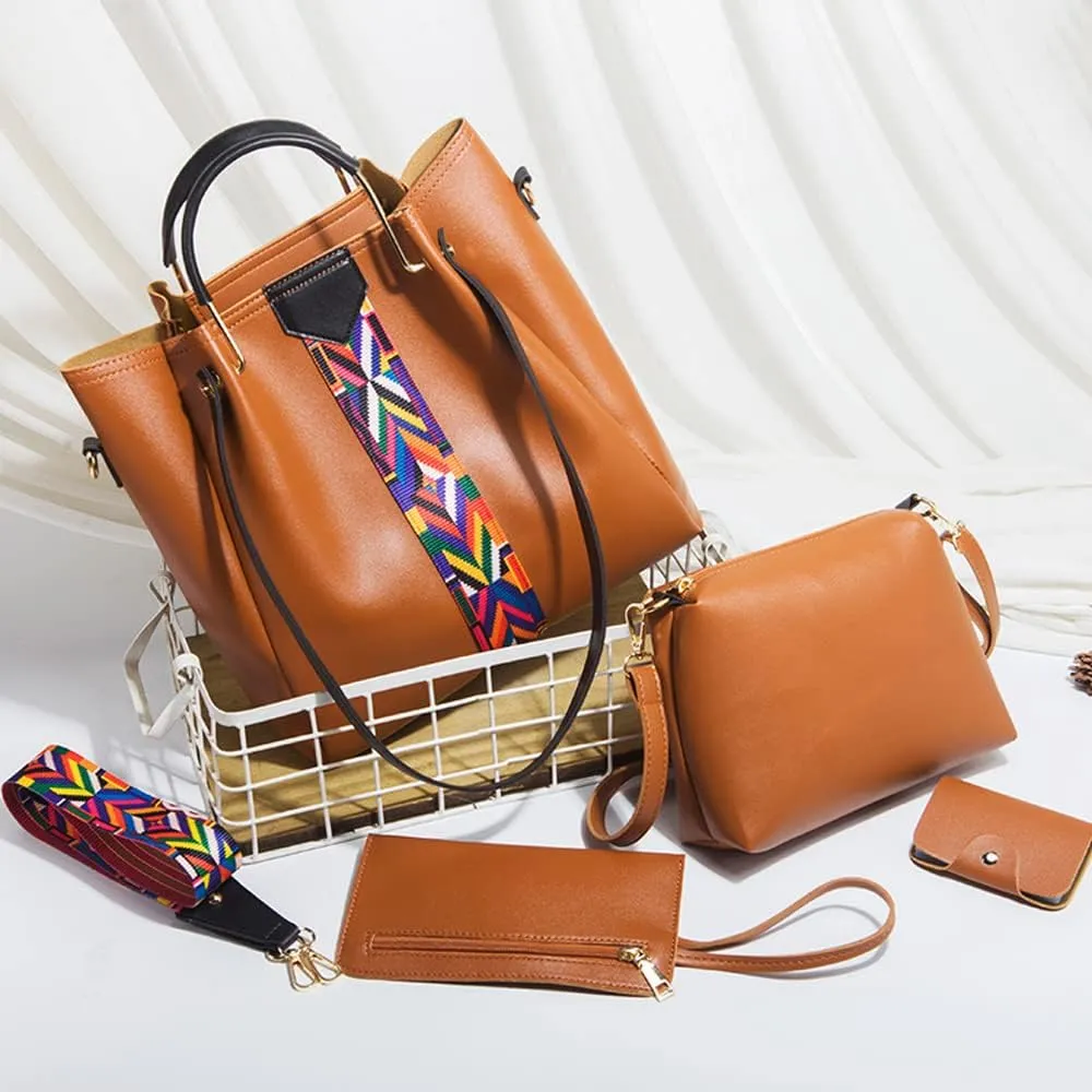 Women Handbags Sets Vegan Leather Purses Color Woven Tape Tote Bags Shoulder Crossbody Bag Top Handle Bag Wallet 4Pcs