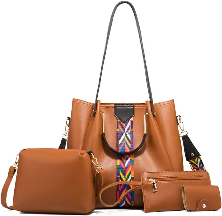 Women Handbags Sets Vegan Leather Purses Color Woven Tape Tote Bags Shoulder Crossbody Bag Top Handle Bag Wallet 4Pcs