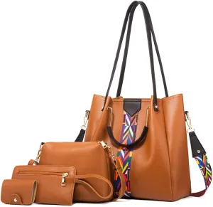 Women Handbags Sets Vegan Leather Purses Color Woven Tape Tote Bags Shoulder Crossbody Bag Top Handle Bag Wallet 4Pcs