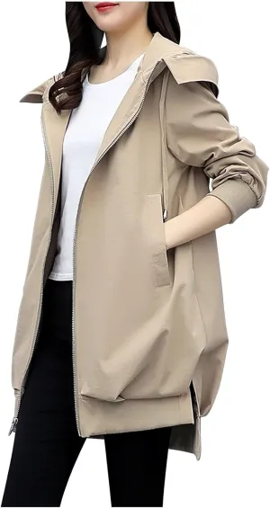 Women Long Rain Jacket Waterproof Lightweight Hooded Raincoat Windbreaker Coat Side Slits High-Low Hem Outdoor Coats