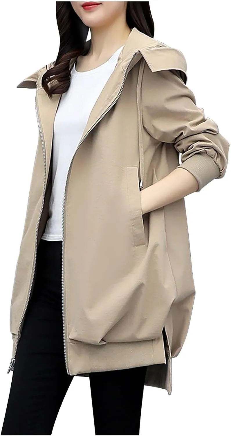 Women Long Rain Jacket Waterproof Lightweight Hooded Raincoat Windbreaker Coat Side Slits High-Low Hem Outdoor Coats