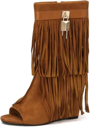 Women Peep Toe Padlock Tassel Boots Wedge Heel Mid Calf Ankle Boots