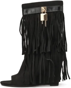 Women Peep Toe Padlock Tassel Boots Wedge Heel Mid Calf Ankle Boots